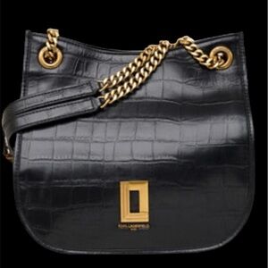 Karl Lagerfeld Paris  Black Croc-Embossed Leather gold chain strap hobo bag